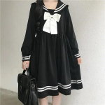 Must Lolita kleit naiste vibu lapitehnikas lahtine Jaapani preppy stiilis meremehe krae Kawaii pikkade varrukatega kleit Jk t&uuml;druku riietus XL must