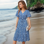 Suvine naiste l&uuml;hikeste varrukatega leopardimustriline kleit V kaelusega p&otilde;lvedeni XL sinine