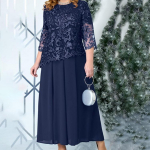 Pitsist Tikitud Patchwork Midi Kleit Naistele Vabaaja Mood L tumesinine v&auml;rv