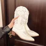 S&uuml;gis Talvine Vintage Naiste L&auml;&auml;ne Kauboi Saapad Slip-On Paksude Kontsadega Kingad Tikandiga Ratsu Keskmise S&auml;&auml;rega Botas 35 valge
