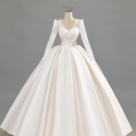 2026 satiinist vintage V-kaelusega pikkade varrukatega pulmakleit slepiga &ndash; Haute Couture ni&scaron;istiil Custom XS (No Return/Exchange) white