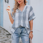 Naiste ruuduline pluus suvine l&uuml;hikeste varrukatega &otilde;huke V-kaelusega ebakorrap&auml;rased pluusid valge triibuline avar s&auml;rk, suures topp XL