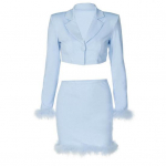 2 tk/komplekt Naiste pealisseelikukomplekt &uuml;hev&auml;rviline sulgedega kaunistus v&ouml;&ouml;kohaga k&otilde;rge v&ouml;&ouml;kohaga n&ouml;&ouml;biga kohev riietus S taevasinine v&auml;rv