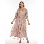 Lillelise t&uuml;lli suures suuruses kleidid naistele &Uuml;mara kaelusega pitsist aplikatsioonidega kleit Suvine v&otilde;rgust l&auml;bipaistev Bling Lilleline plisseeritud kleit Moodsad kleidid 1XL roosa