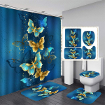 4 tk Blue-Golden Butterfly du&scaron;ikardina komplekt koos vaiba, tualettruumi kaane, vannimati ja veekindla pol&uuml;esterkardinaga Windowsile 4Pcs