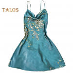 Suvine naiste &ouml;&ouml;s&auml;rk V kaelusega siidine satiin varrukateta printiga spagetid rihm seljata pehme hingav daami minikleit &ouml;&ouml;s&auml;rk &ouml;&ouml;s&auml;rk M roheline