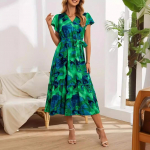 Lillemustriline pikk kleit naistele Risti V-kaelusega lipsuga v&ouml;&ouml;koht, volangidega l&uuml;hikeste varrukatega lapiline maksikleit suvine hingav kerge puhkuse t&ouml;&ouml;kleit S