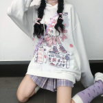 Suurem&otilde;&otilde;tmeline kapuuts Naiste gooti stiilis Harajuku Kawaii Anime Tr&uuml;kitud pusad Jakk Naiste kevad-s&uuml;gis maiuspalad E T&uuml;drukute riided S valge