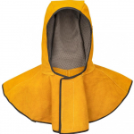 Kuldsest lehmanahast l&otilde;henenud nahast keevituskapuuts kaela &otilde;lakattega keevitusega kuld