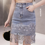 Denim Seelik Naistele Korea Versioon K&otilde;rge V&ouml;&ouml;koht Litritega Seelikud Seksikas Tuttidega Denim Puusaseelik Naistudengile S sinine