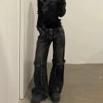 Mustad naiste teksad k&otilde;rge v&ouml;&ouml;kohaga hiphop sirged mood p&uuml;ksid t&auml;navar&otilde;ivad Harajuku Y2K Star 2024 naiste laia s&auml;&auml;rega teksap&uuml;ksid L must