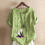 Naiste mood, &uuml;mara kaelusega l&uuml;hikeste varrukatega T-s&auml;rk vabaaja puuvillane linane graafiline s&auml;rk vaba aja veetmiseks lahtiste lilledega prinditud suvised pluusid S roosa