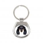 Dachshund Long-haired, Wiener dog, Badger dog - geometric keychain with a photo and the inscription Art-Dog