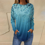 Naiste avara &uuml;mara kaelusega, pikkade varrukatega T-s&auml;rgi s&auml;rk L sinine