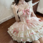 Jaapani Sweet Lolita Jsk V&otilde;rkkleit Naised Kawaii Pitsist Paelad Volangid Teepidu Kleit Harajuku Armas Roosa Printsessi Mini Kook S