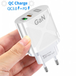65 W GaN galliumnitriidlaadija mitme pordiga USB-kiirlaadimisadapter, mis &uuml;hildub Macbook Pro s&uuml;learvutiga EU Plug valge