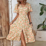 Suvine naiste pidulik lilleline kleit l&uuml;hikeste varrukatega V kaelusega s&auml;&auml;re keskel L