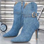 Moodsad Sinised Denim Terava Ninaga Naiste K&otilde;rge Kontsaga Ankle Boots Moodsad Metallnitidega Pandlad Disainerjalatsid Seksikad K&uuml;lgmise T&otilde;mblukuga botas para mujer 35 sinine