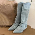 Volditud Sinised Denim Reieni Ulatuvad Saapad Naistele 2024 Kevad Paksude Kontsadega Terava Otsaga Kauboi Saapad Naiste Libisevad L&auml;&auml;nelikud Pikad Saapad 39 brown