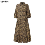 VONDA Vintage Naiste Puhvis Varrukatega Leopardimustriga N&ouml;&ouml;pidega Pikk Volditud Kleit 2XL aprikoosi