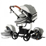 BAZARLAND30.Poussette 3 en 1 B&eacute;b&eacute; Combin&eacute;e Si&egrave;ge-Auto Nacelle Trio R&eacute;versible cuir pu Roues increvables Canne.Gris