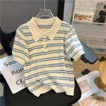 J&auml;&auml;siidist l&uuml;hikeste varrukatega t-s&auml;rk naistele uus suvine &otilde;huke disain ni&scaron;&scaron; triibuline Polo kaelusega kootud kampsuni top One size fits all【 40-60kg 】 sinine
