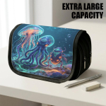 1 tk suure mahutavusega klappkaane pliiatsitops, sobib kooli ja kontorisse, paksendatud Oxfordi pliiatsikott kahekordse lukuga, neoon-ookeani meduus Okto 20x9x11cm black