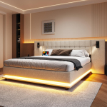 Polsterdatud voodi, 180*200cm, LED-riba, peatsiin spotvalgustiga, USB-portidega, ilma madratsita, linane, beež 203.5 x 250 x 103 cm beež