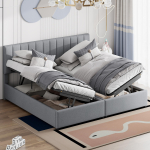 Polsterdatud voodi 180x200 cm, H&uuml;draulilise mehhanismiga panipaigaga voodi, Nahas&otilde;bralik linane k&otilde;rge karbiga voodi, Multifunktsionaalne kaheinimesevoodi, Hall 203 x 180 x 105 cm hall