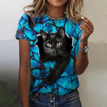 Naiste T-s&auml;rk Cat Graphic Print &Uuml;markaelusega Tops Puuvillane Basic Top Valge Must M must