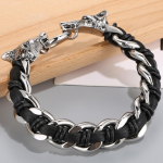Punk Wolf Head Style meeste nahast k&auml;ev&otilde;ru K&auml;sitsi valmistatud punutud &auml;&auml;rekett roostevabast terasest ja veisenahast k&auml;ev&otilde;ru Man Factory 21CM
