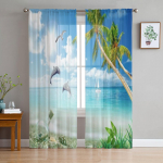 Sea Dolphin Palm Tree l&auml;bipaistvad aknakardinad elutuppa Magamistoa Moodsad Voile T&uuml;llkardinad Kangast kardinad k&ouml;&ouml;gi jaoks 135W x 114H(cm)