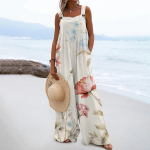 Naiste kombinesoonid vabaajaprinteriga laia jalaga kombinesoonid, rinnahoidjaga varrukateta rihmad, taskutega r&otilde;ivad L beež