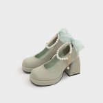 Retro Pearl Bow Mary Jane naiste kevadised ja s&uuml;gisesed paksud ja armsad k&otilde;rged kontsad 36