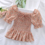 Naiste puhvis varrukatega &scaron;ifoonist s&auml;rk, ruudukujulise kaelusega T-s&auml;rk Slim Fit naiste lillelised top naiste pluusid L must