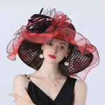 Naised Organza m&uuml;tsid Pulmapruudi lummavad Elegantsed, laia &auml;&auml;rega Fedora Kentucky Derby M&uuml;tsid Pidulik pidulik kiriku naiste m&uuml;ts 56-58cm punane