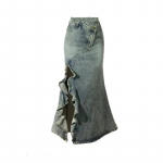 Naiste Merineitsi seelik Riided Sinine seelik Harajuku Korea T&uuml;druk Casual Chic Mood Vintage A-Line Denim seelik Poolitatud Hem Coquette S sinine