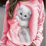 Topid naistele 3D Vision Funny Cat Print &Uuml;markaelusega pikkade varrukatega T-s&auml;rk S&uuml;gisel Casual Slim Pullover naiste pikkade varrukatega top XS roosa