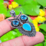 Owl- Aqua Chalcedony, Blue Topaz Gemstone 925 Sterling Silver Pendant 1.97 v9k35