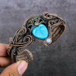 Natural Cameo, Moonstone Gemstone Copper Wire Wrap Cuff Bangle Adjustable m0d13