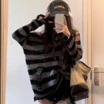 Gooti t&auml;navamood triibuline kootud kampsun naistele Harajuku punk aukudega lahtine k&otilde;ikidele riietele sobiv topp XS hall v&auml;rv