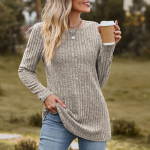 S&uuml;gisene naiste kudumid Riietus Naiste vabaaja kaelaga harjatud pitstriibuline pullover &uuml;hev&auml;rviline pikkade varrukatega T-s&auml;rk S khaki