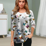 Naiste pluus 3D pika tiivaga liblika tr&uuml;kiga lilledega poolpikad varrukad suvine vabaaja topp tr&uuml;kitud &uuml;mara kaelusega poolpikade varrukatega T-s&auml;rk XS lilla