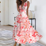 Naiste pikk kleit Maxi kleit vabaaja kleit Suvine vabaaja varrukateta V-kaelusega Boho v&ouml;&ouml;koha tagasit&otilde;mbega kleit tr&uuml;kiga L sinine