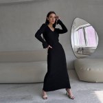 Naiste elegantne soliidne &otilde;huke pikkade varrukatega ribidega kootud kleidid s&uuml;gistalvine vabaaja tavaline V-kaelusega soe kampsun S must