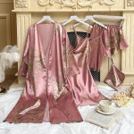 Naiste mood 5-osaline puhker&otilde;ivaste tr&uuml;kitud pidžaamakomplekt Mugav j&auml;&auml;siidist hommikumantel Camisole l&uuml;hikeste p&uuml;kste kleidikomplekt S hall