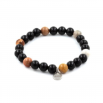 Pierres et Min&eacute;raux. Bracelet Perles bois p&eacute;trifi&eacute; + Agate noire 8 mm. Fabriqu&eacute; en France.