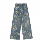 Vintage Tr&uuml;kitud Teksap&uuml;ksid Naiste Mood Uued Lillelised Korea Hip Hop Denim P&uuml;ksid 2025 Kevad S&uuml;gis L&otilde;dvad Vabaaja Lai Jalg Y2K High Street P&uuml;ksid S sinine