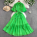 Stiilne vabaaja p&uuml;stkraega mullvarrukatega &uuml;herealine kleit naistele s&uuml;gisene lipsuga v&ouml;&ouml;kohaga, salendav volangidega servaga pikk kleit One Size