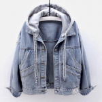 Naiste teksajakk korea stiilis lahtine l&uuml;hike mantel pikkade varrukatega kapuutsiga jakk, mitme taskuga, sobivad topsid L sinine